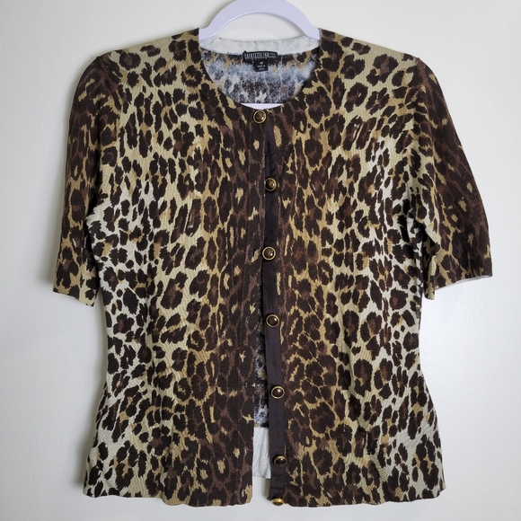 LAFAYETTE 148 Leopard Short Sleeve Cotton/Viscose Cardigan...